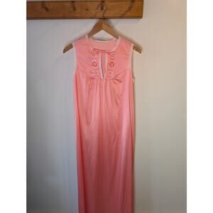 JCPenney Vintage 70s Coral Pink Embroidered Maxi Nightgown Slip Dress P